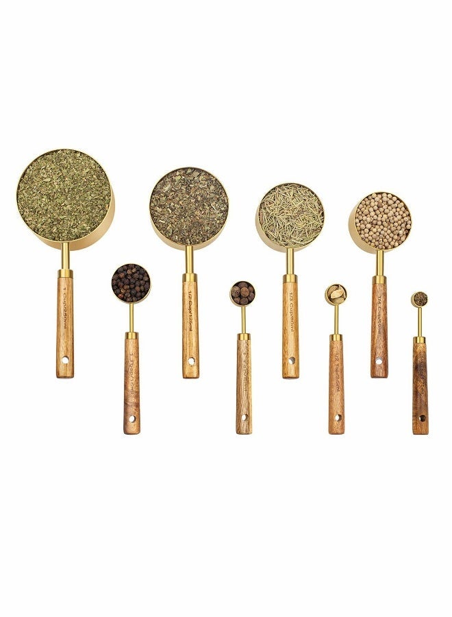 Measuring Cups and Spoons Set of 8, Golden Stainless Steel Measuring Cup with Wooden Handle, Kitchen/Food/Liquid/Baking